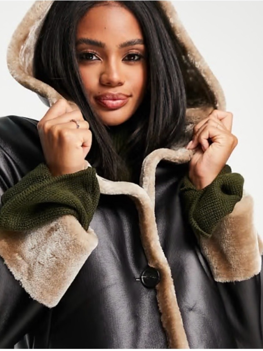 Order Plus Black Faux Leather Hooded Jacket with Cream Shearling Trim M